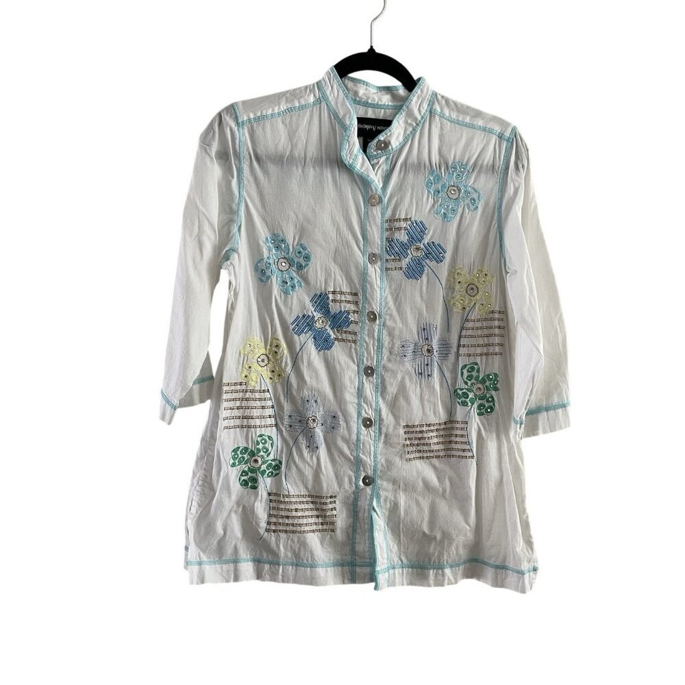 Sharon Anthony Women Sz M White/Blue Embroidered Rhinestone 3/4 Sleeve Blouse